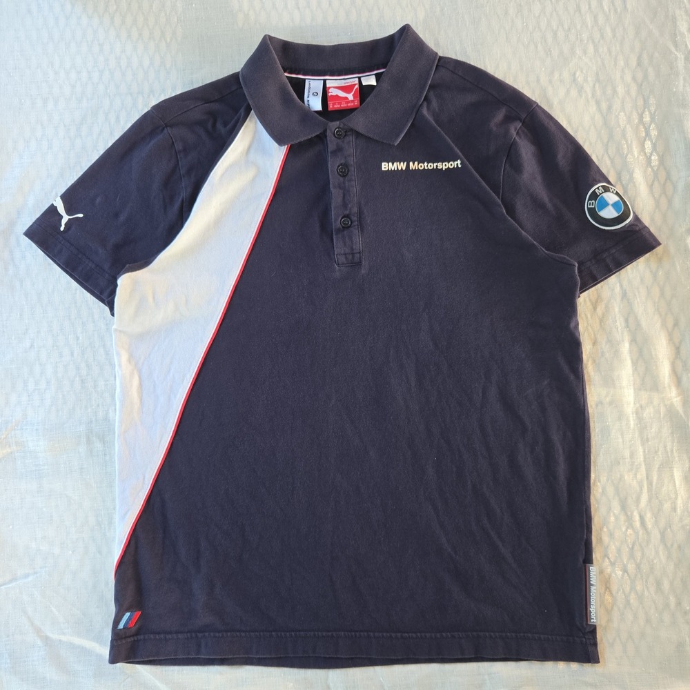 BMW Motorsport PUMA Polo Shirt Medium Men Racing Formula 1 Navy White Colorblock